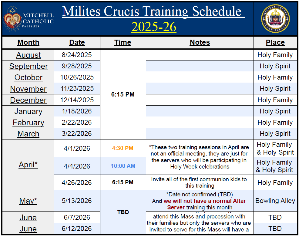 Altar server training schedule