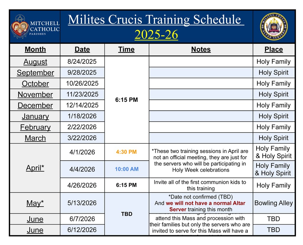 Altar Server Schedule 2025-26
