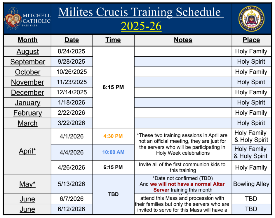 Altar Server training schedule