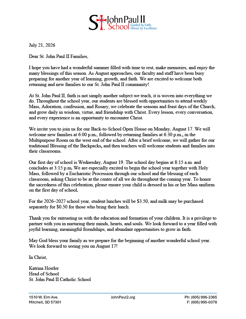 2026-2027 Back to School Letter