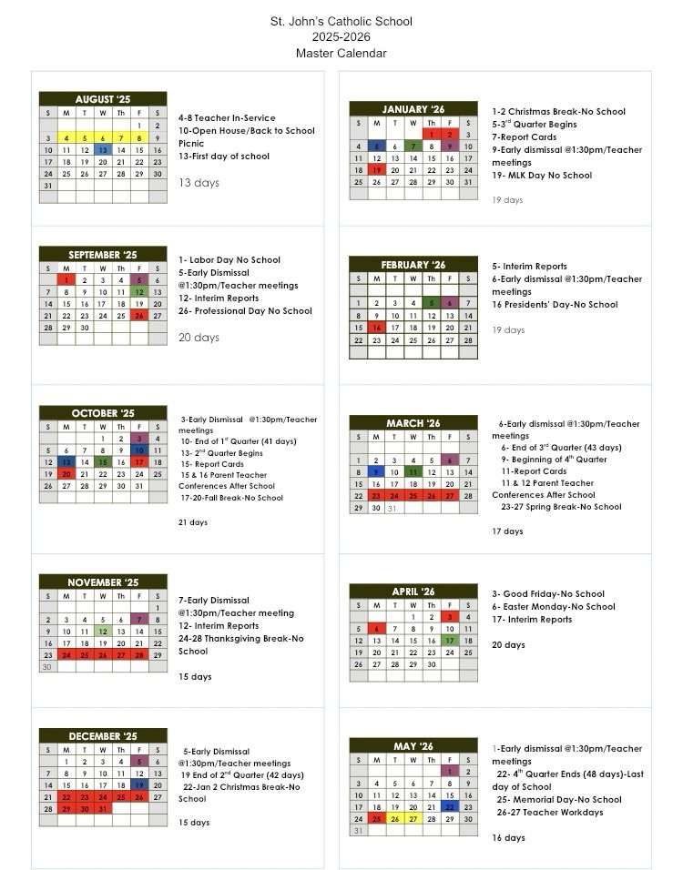 SJS 2025-2026 School Calendar | St. John's Catholic School