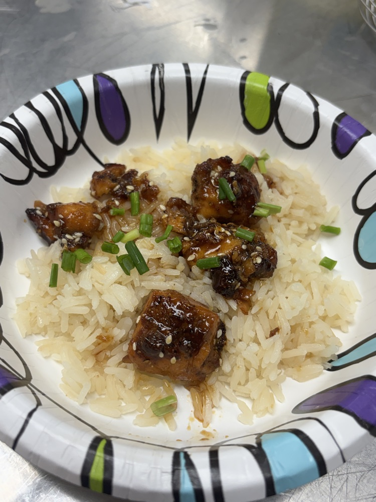 Sweet and savory honey-garlic salmon bites with jasmine rice