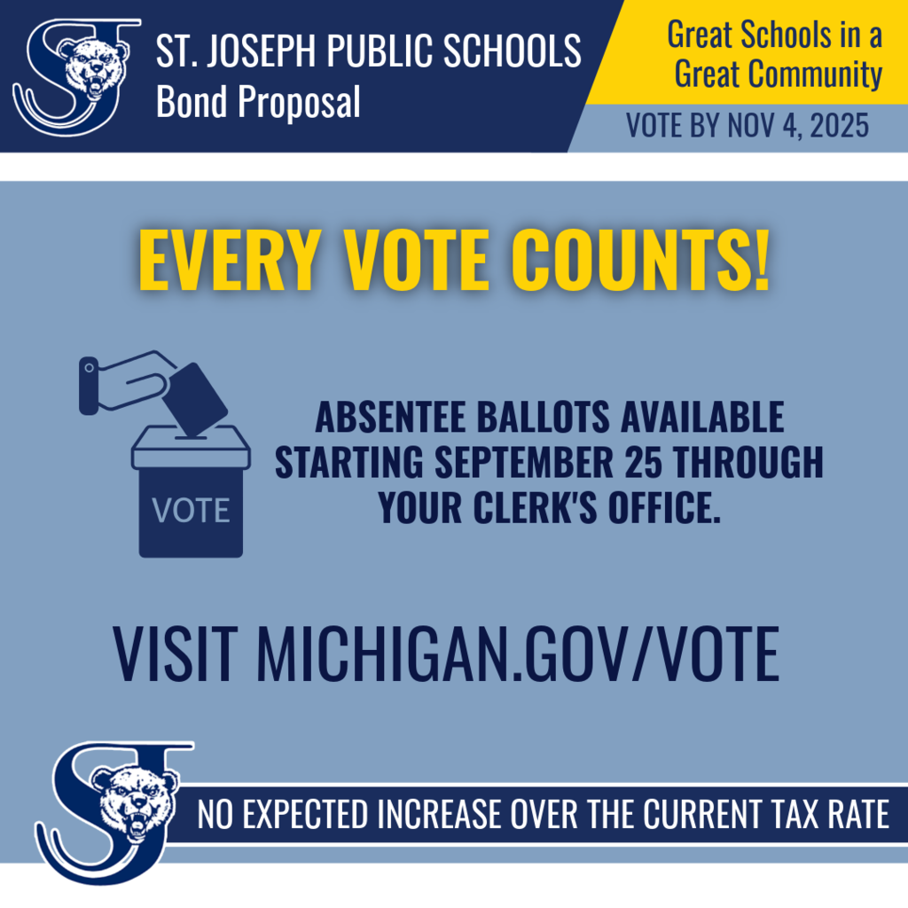 Every vote counts! All registered voters may vote via absentee ballot for the Tuesday, November 4, 2025 election. Absentee ballots will be available starting September 25 through your Clerk's office. To view a sample ballot, find your polling location, for find additional voting information visit michigan.gov/vote