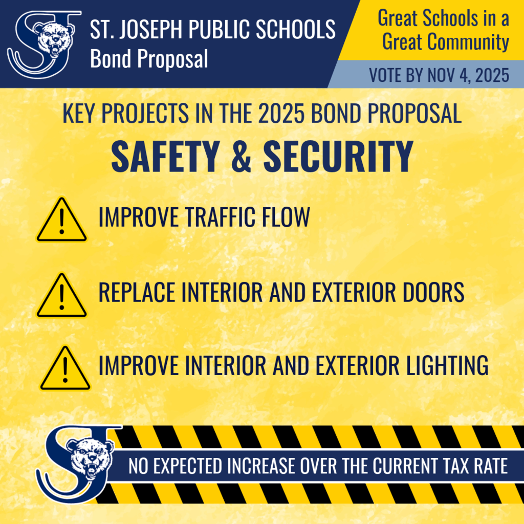 St. Joseph Public Schools Bond Proposal: Key Projects in the 2025 Bond Proposal include Safety & Security - Improved Traffic Flow, Replace Interiior and Exterior Doors, Improve Interior and Exterior Lighting. No expected increase over the current tax rate.  Vote by Nov. 4, 2025.