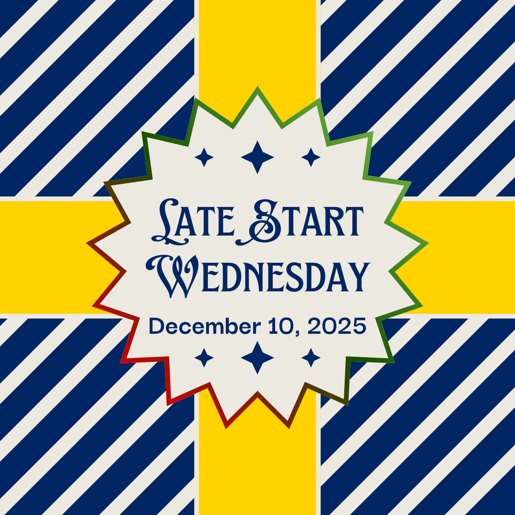 Clip art image of wrapped gift with gift tag reading the words - Late Start Wednesday, December 10, 2025