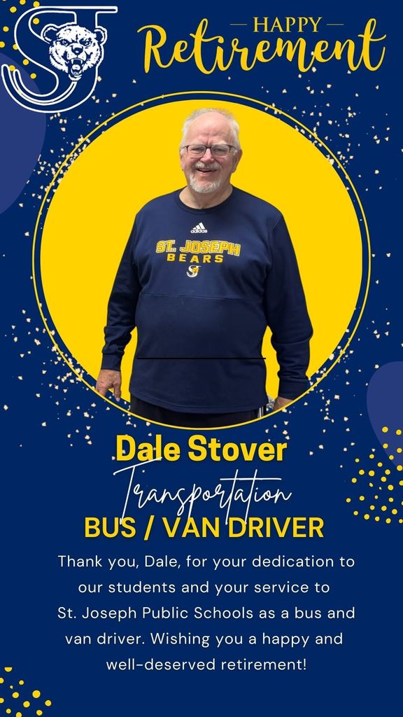 Retirement notification for Dale Stover, thanking him for his years of service as a bus and van driver.
