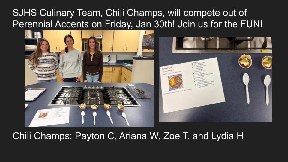 Three SJHS Culinary students are posing in the kitchen with their winning chili.