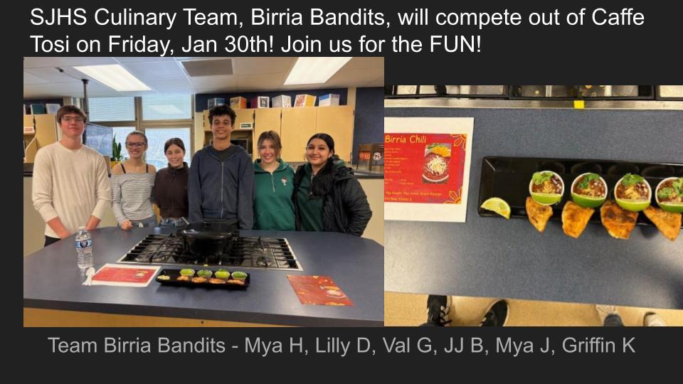 Five SJHS Culinary students are posing in the kitchen with their winning chili.