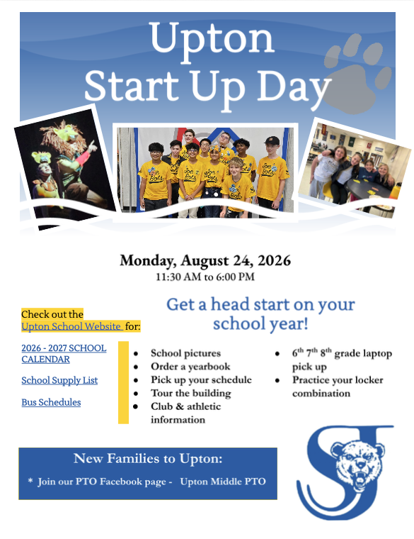 Upton Start Up Day flyer for August 24, 2026, listing event times, school preparation activities, website resources, and PTO information.