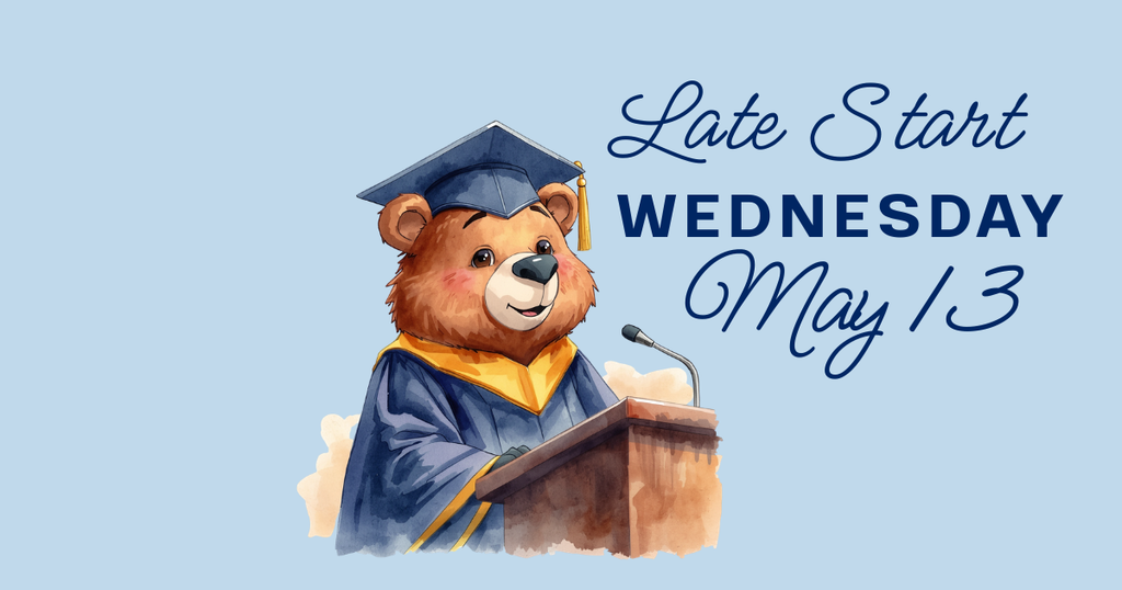 Cartoon bear in graduation cap and gown giving graduations speech with words "Late Stat Wednesday May 13"