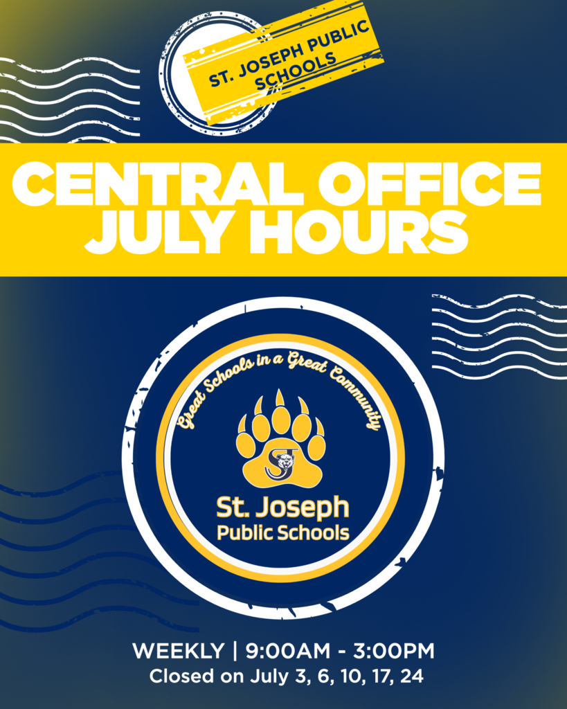 Listing of Central Office Hours 9 am-3 pm over July. Closed on the 3, 6, 10, 17 and 24th. School logo