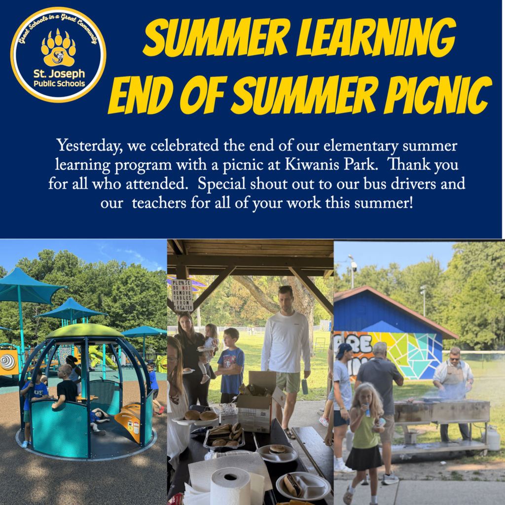 Students playing in the playground at Kiwanis park and eating at a picnic to celebrate the end of the summer learning program.