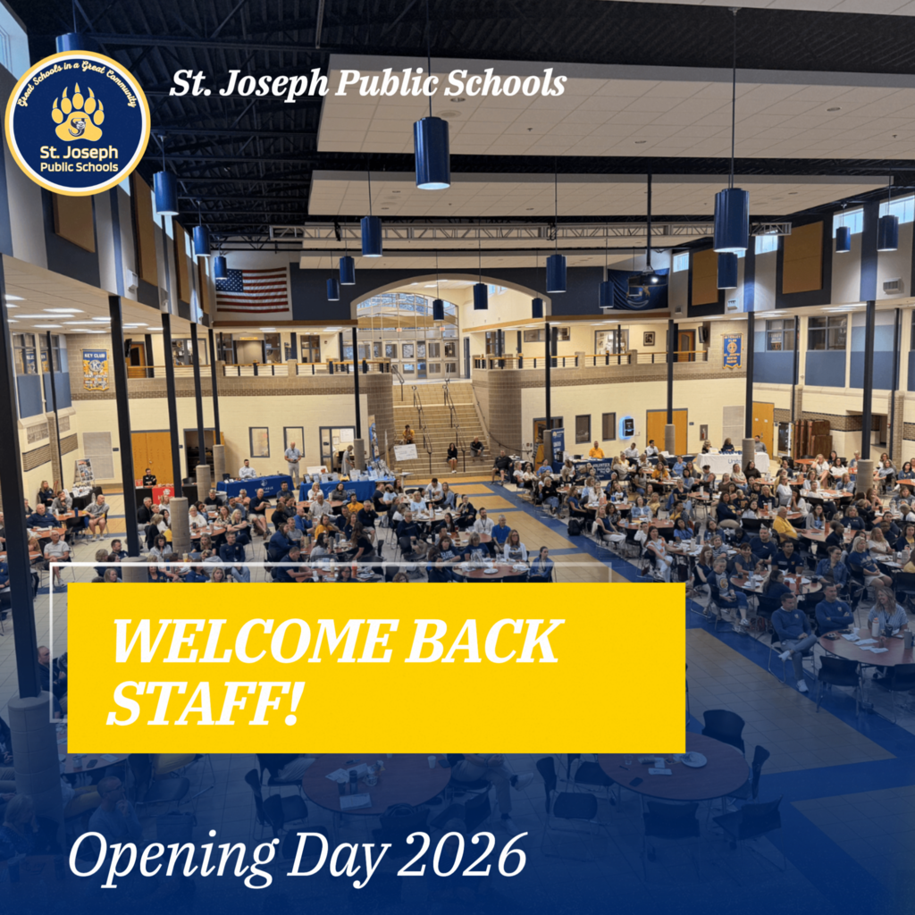 Picture of ths SJHS student center filled with district staff on opening day for staff.