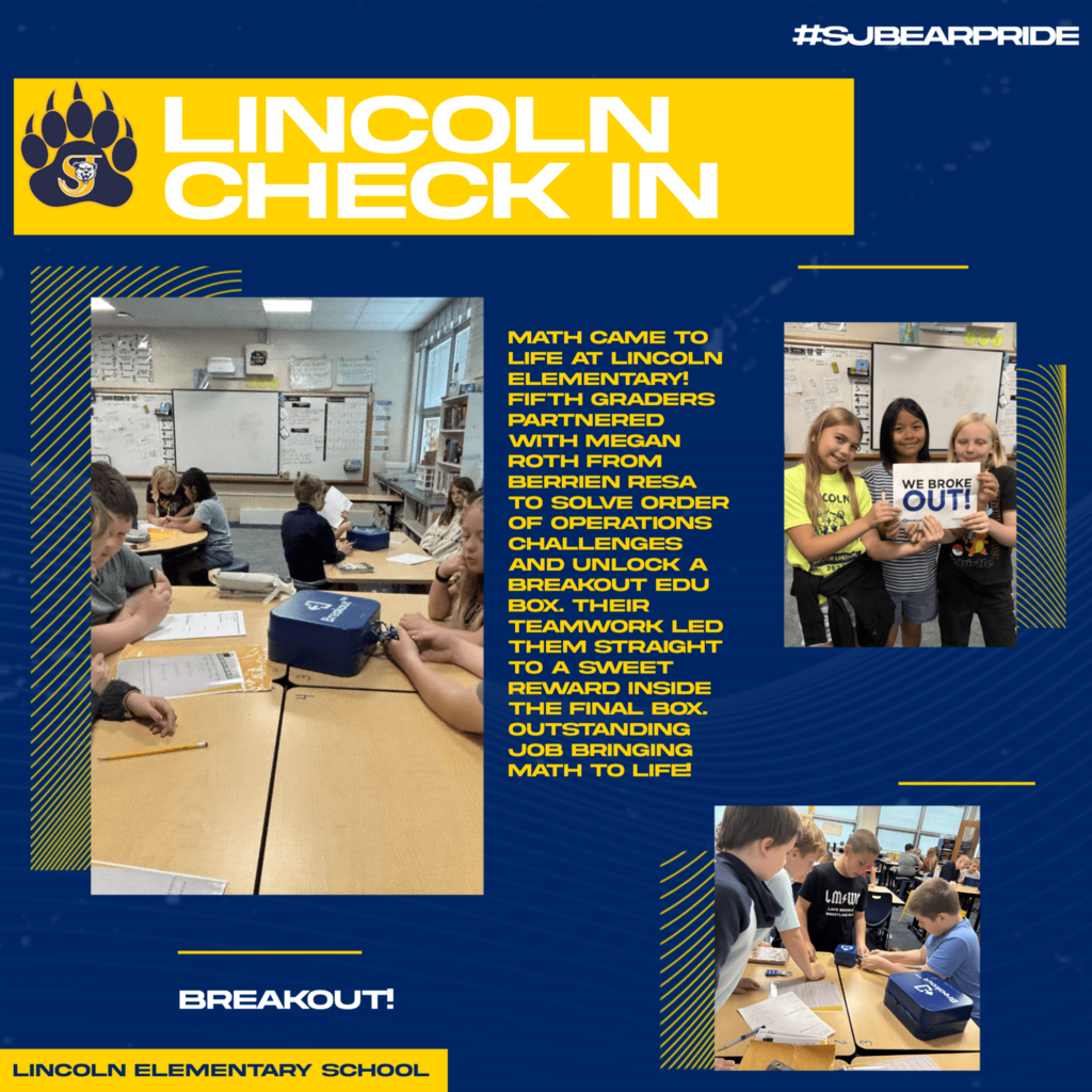 Graphic with students at Lincoln using math to solve breakout boxes.