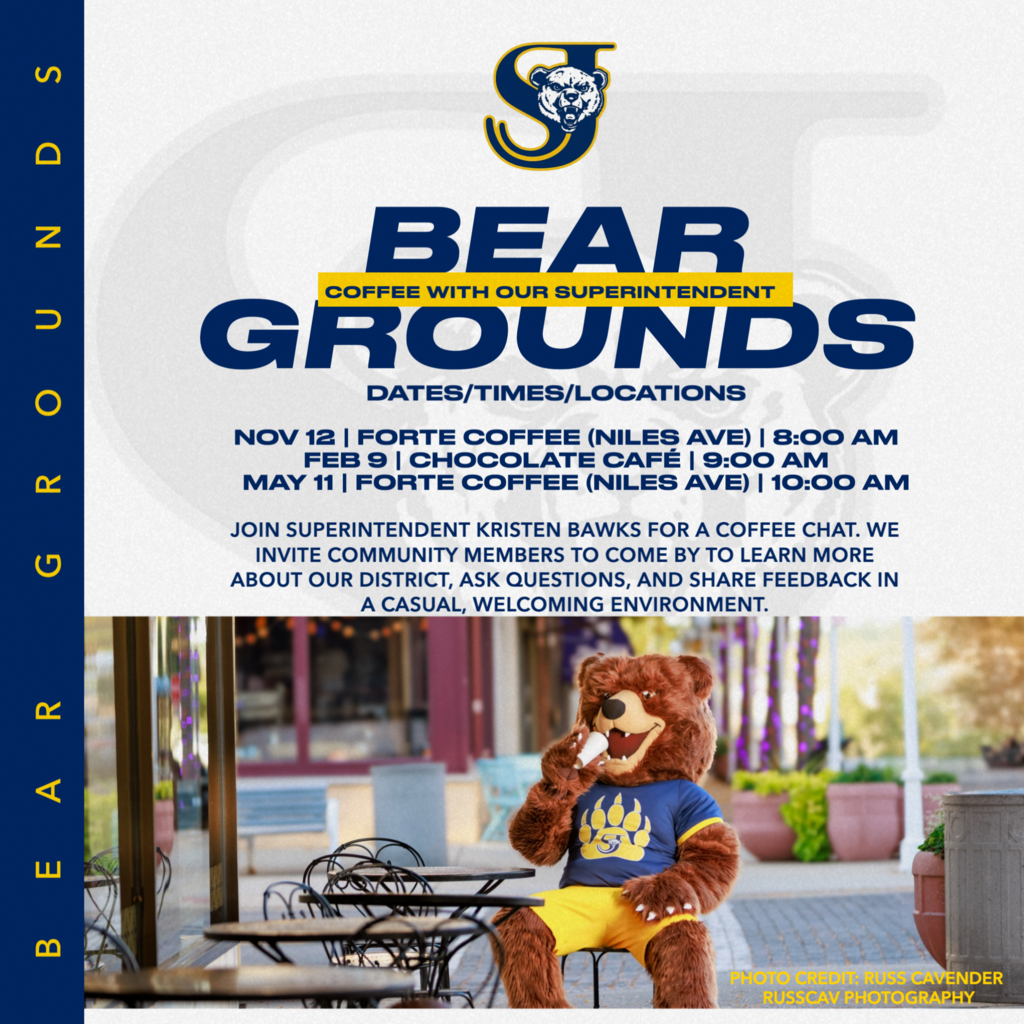 Advertisement for Coffee with Superintendent. A bear sits at a table with a cup of coffee.