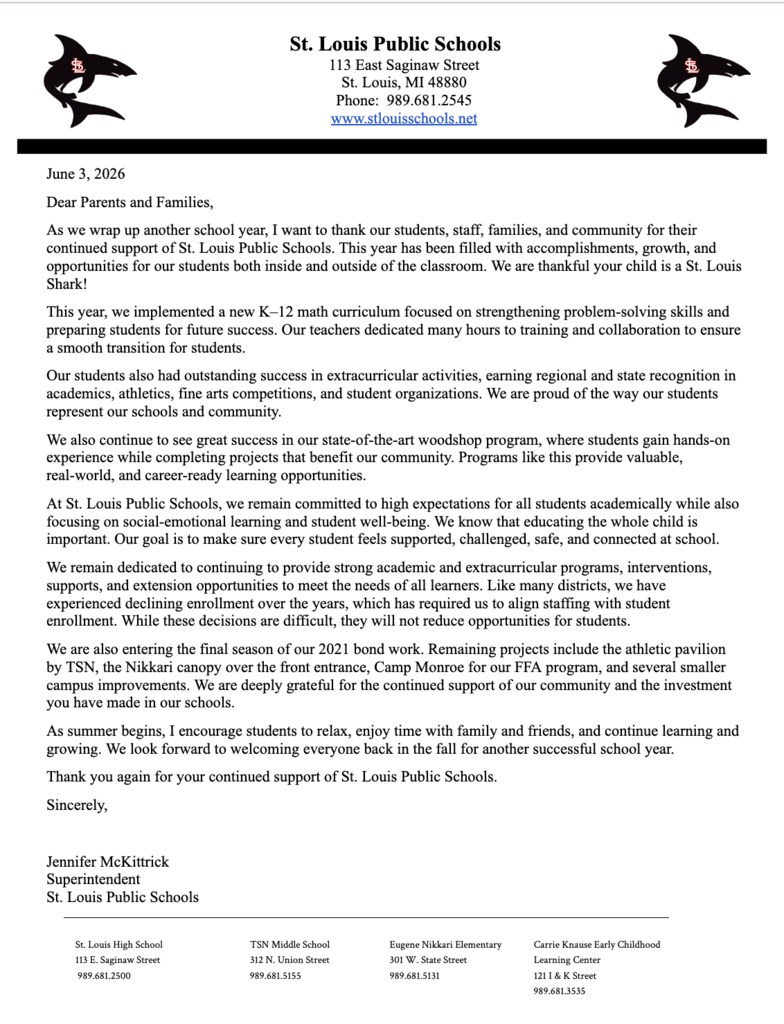 2025-2026 SLPS End of the Year Letter