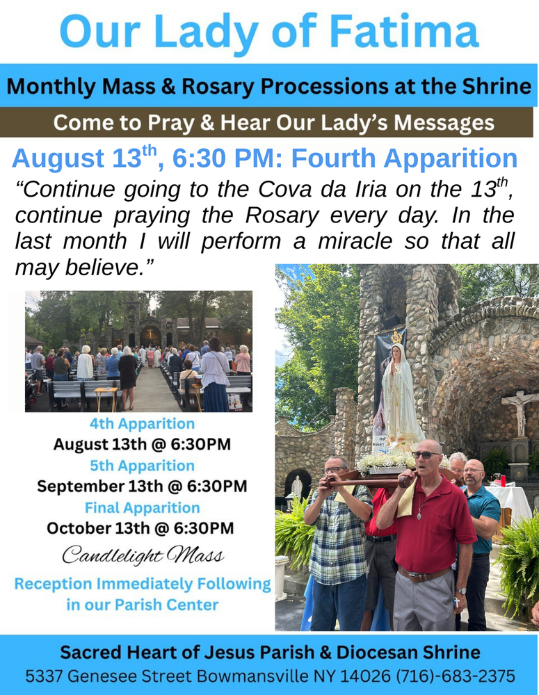 OUr Lady's 4th Fatima Message, Mass, and Procession on August 13 at Sacred Heart of Jesus Church & Shrine