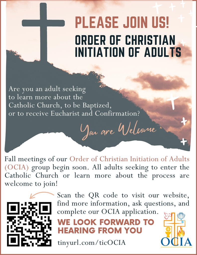 Invitation to join OCIA-Order of Christian Initiation of Adults for fall 2025