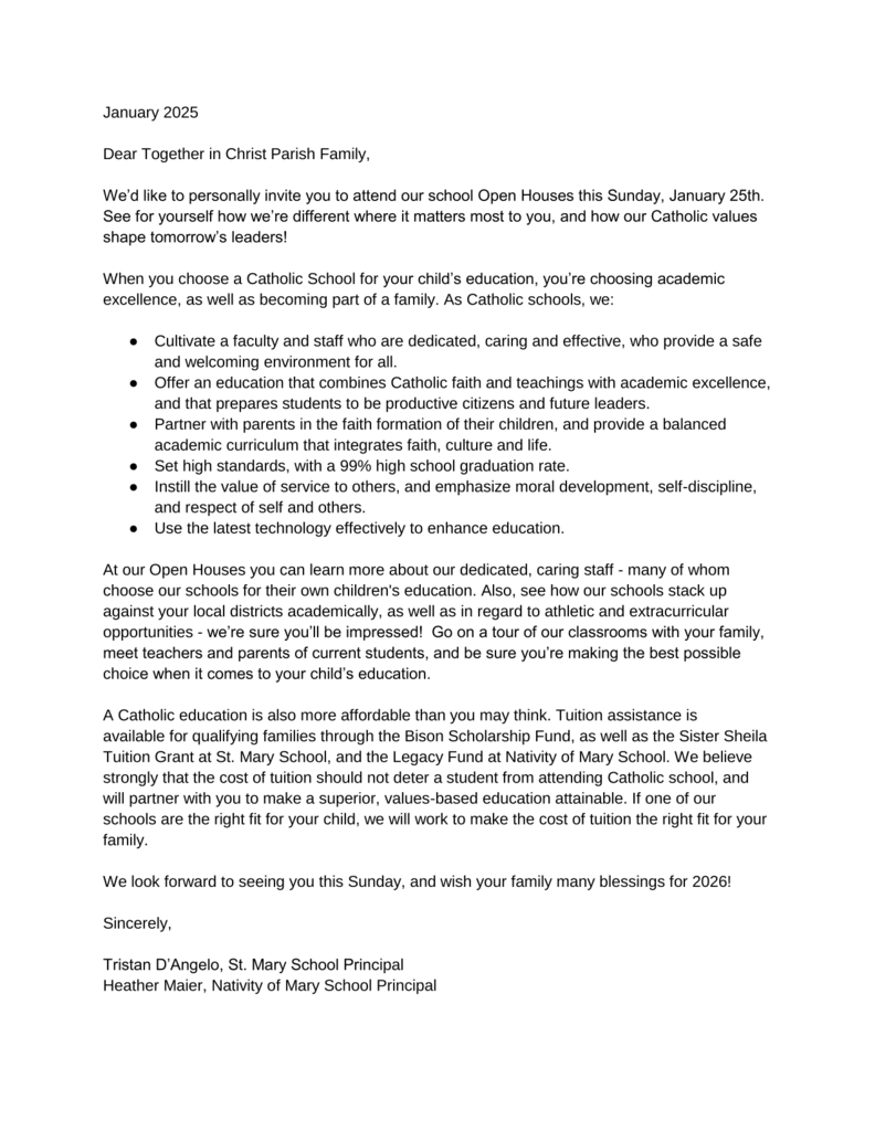 Principals' letter on Catholic Schools