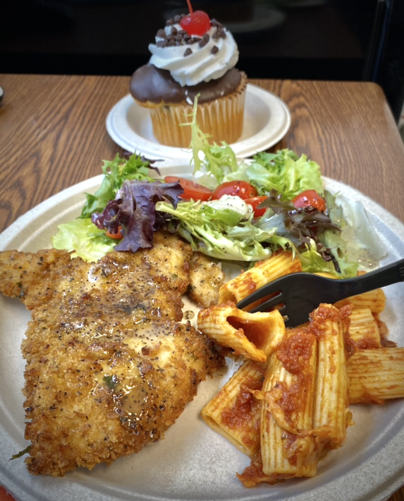 lunch with chicken and salad and dessert