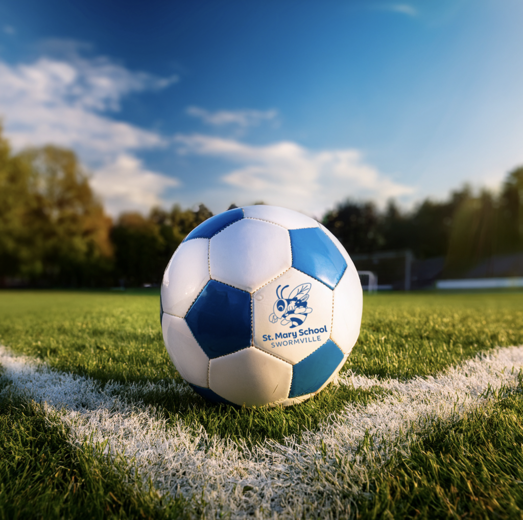 St. Mary School bee mascot logo on a  soccer ball 