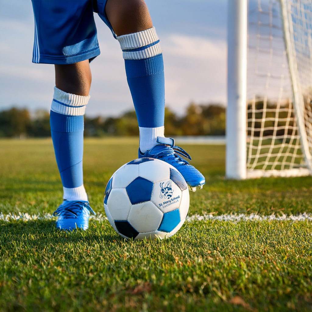 youth player kicking a blue and white soccer ball