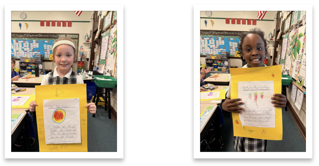 grade 2 students hold up their persuasive writing essays