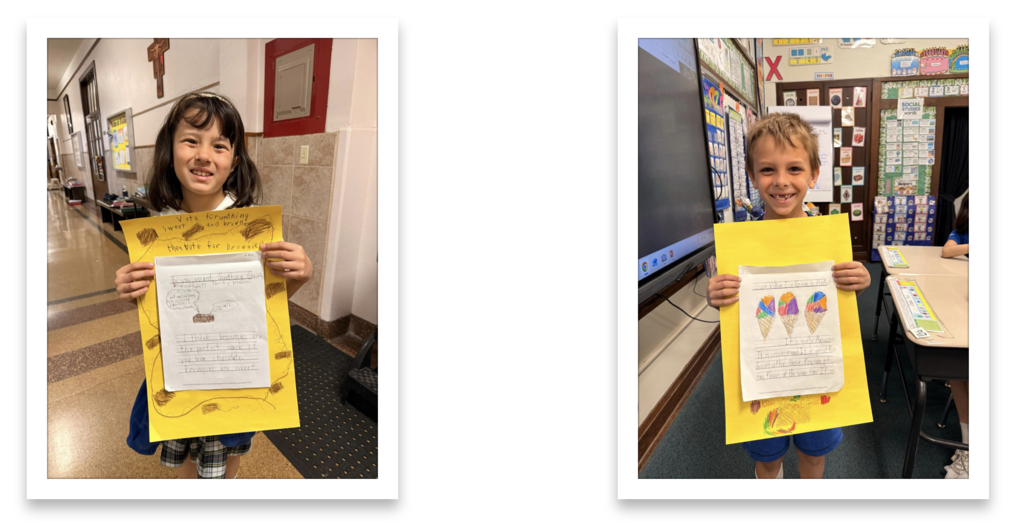grade 2 students hold up their persuasive writing essays