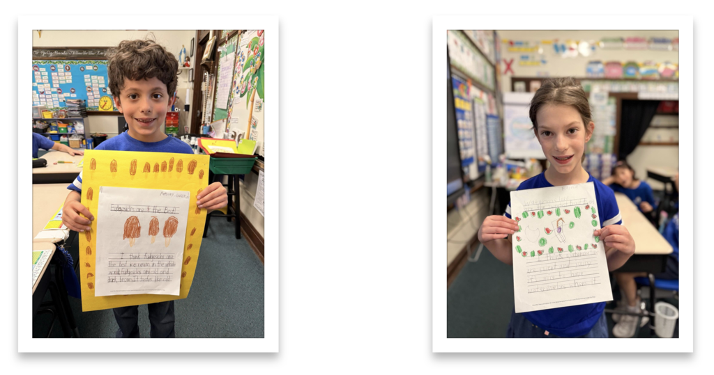 grade 2 students hold up their persuasive writing essays