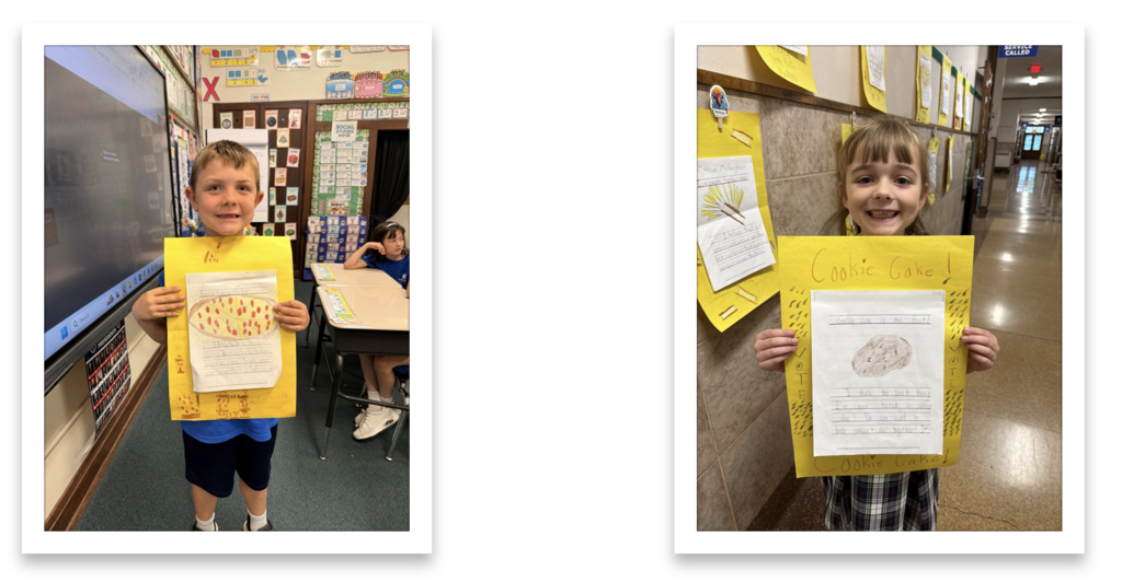 grade 2 students hold up their persuasive writing essays