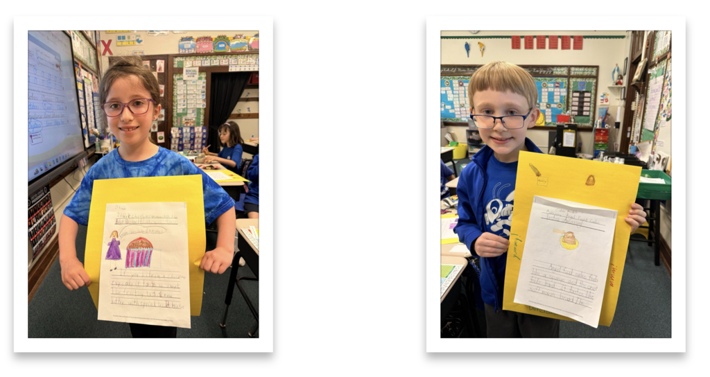 grade 2 students hold up their persuasive writing essays