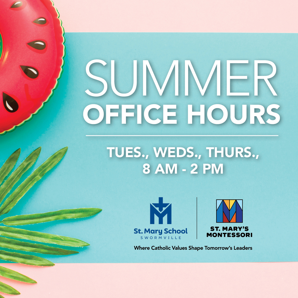 Summer hours graphic with pool floatie and palm branch