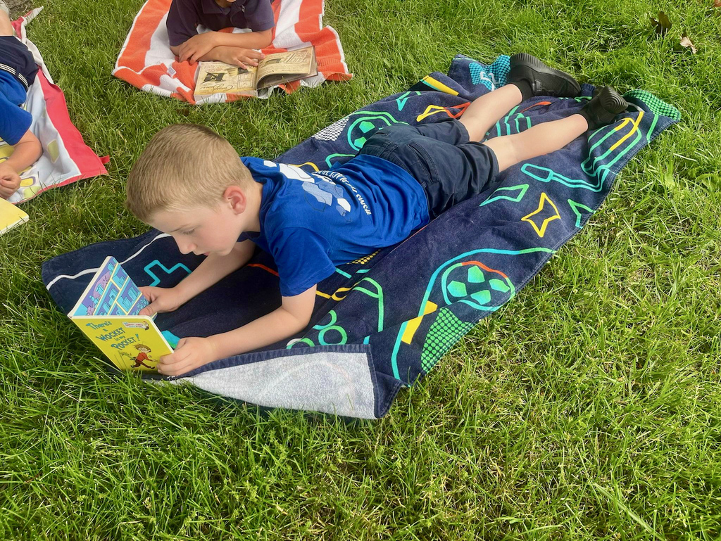 students reading books outside on blankets in the grass