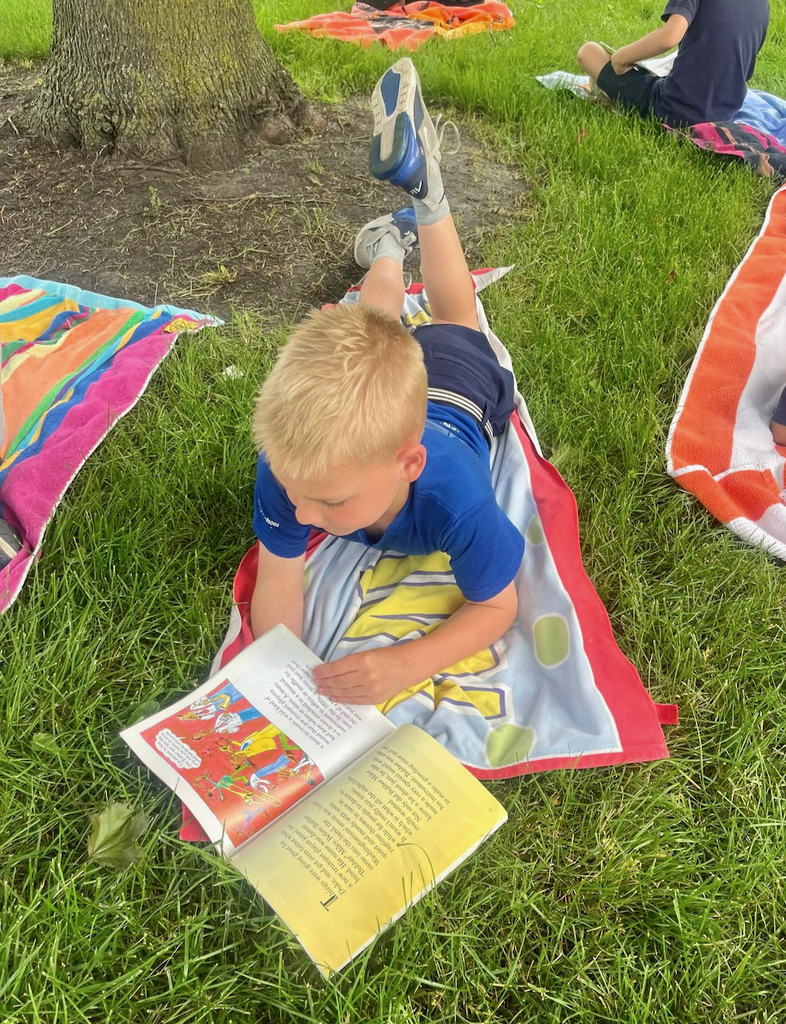 students reading books outside on blankets in the grass