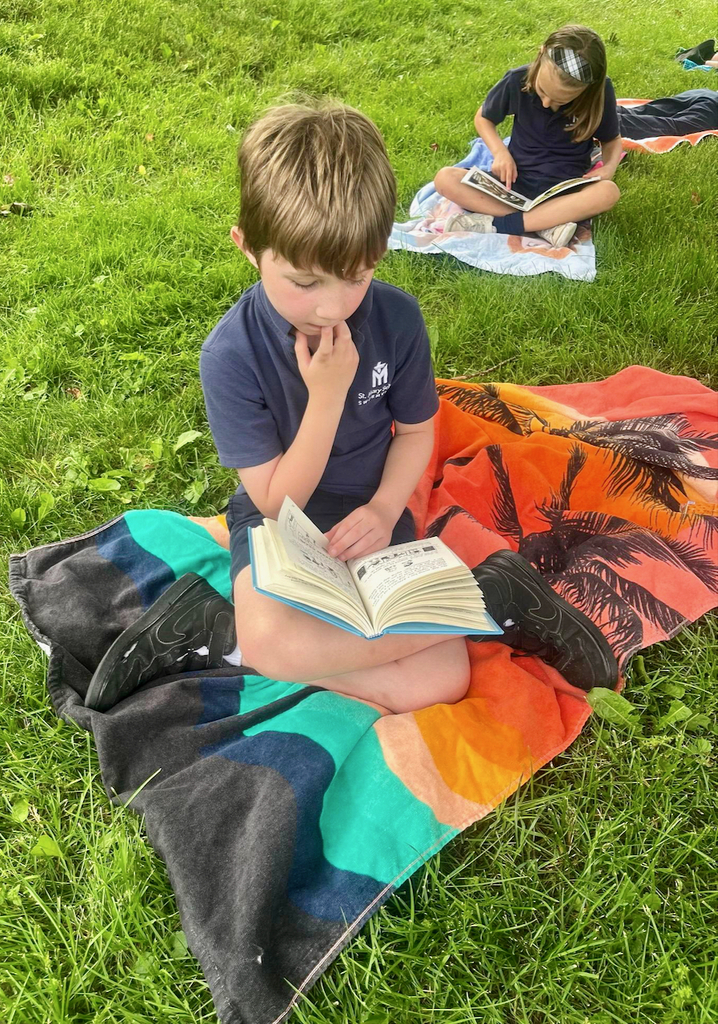students reading books outside on blankets in the grass