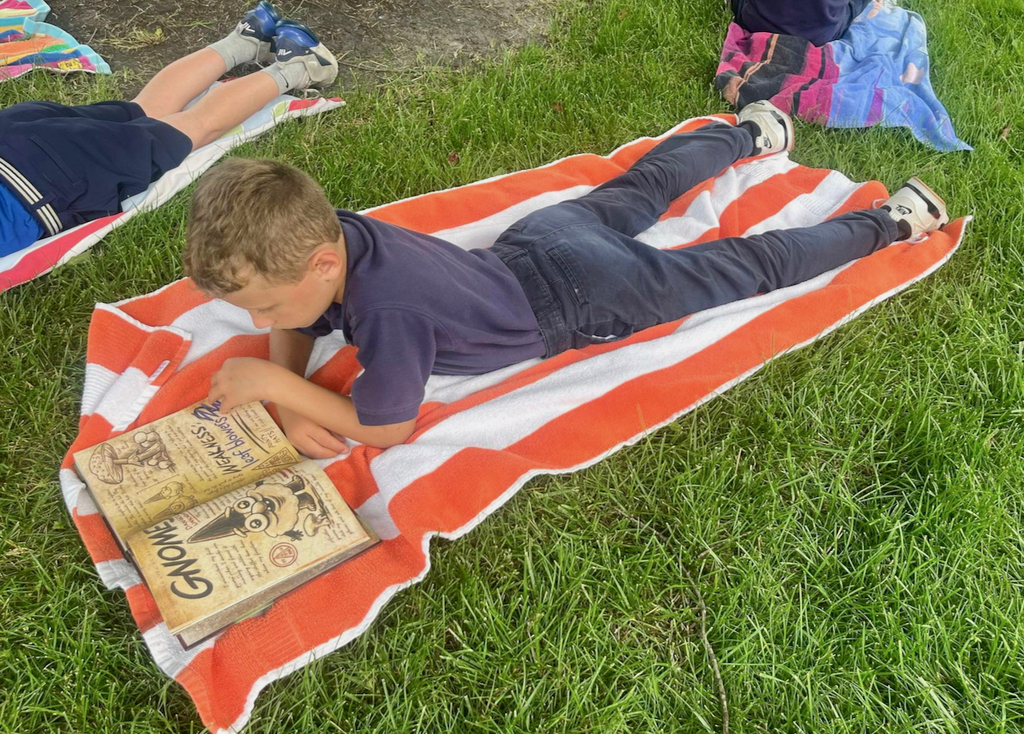 students reading books outside on blankets in the grass