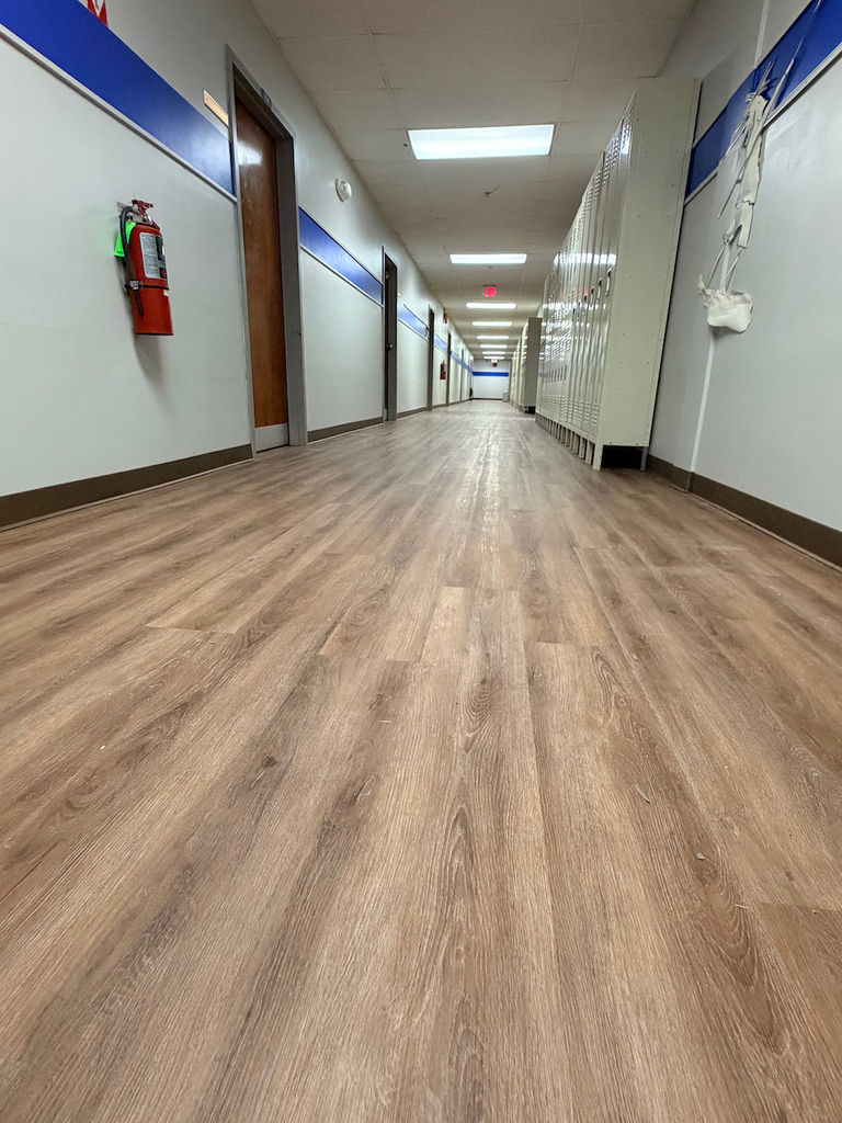 New lower level flooring in school with an updated, wood look