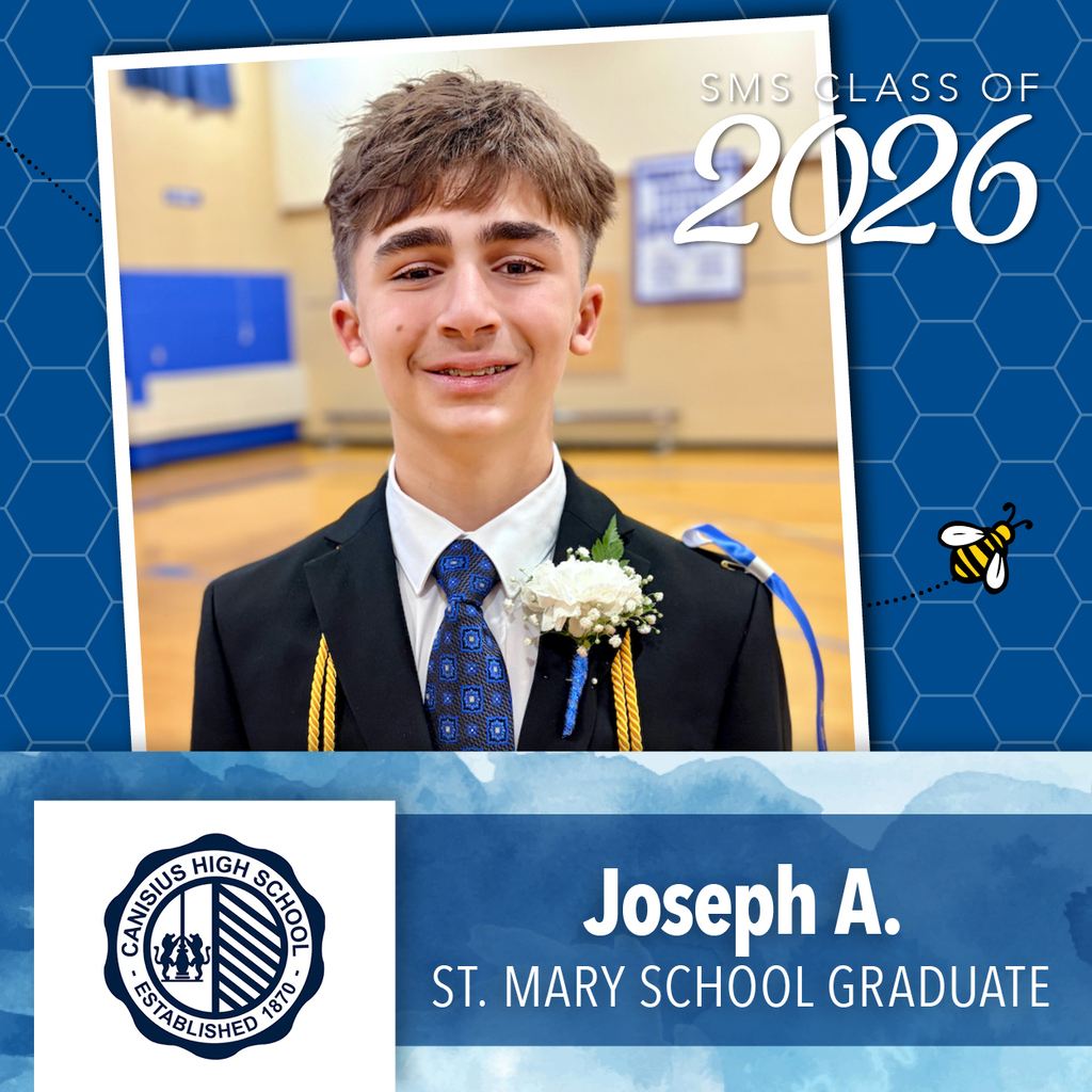 Photo of 8th grade graduate dressed up, graphic features logo of graduate's intended high school