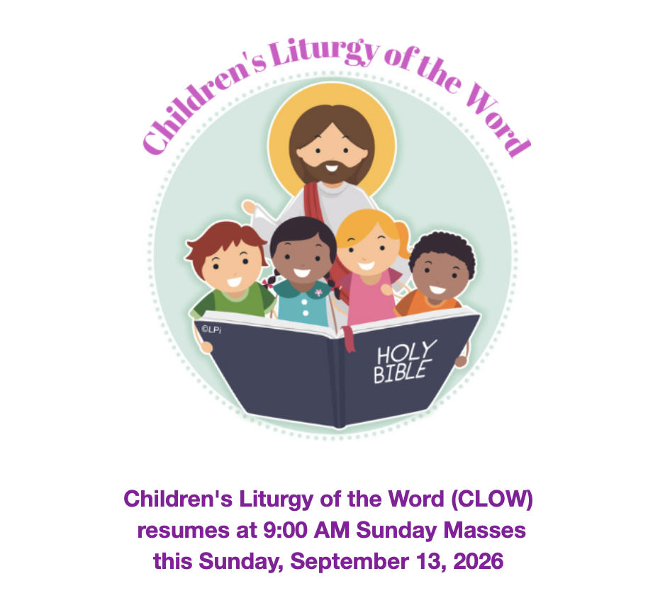 Children's liturgy logo, CLOW resumes Sun. Sept. 13 at 9 am Mass