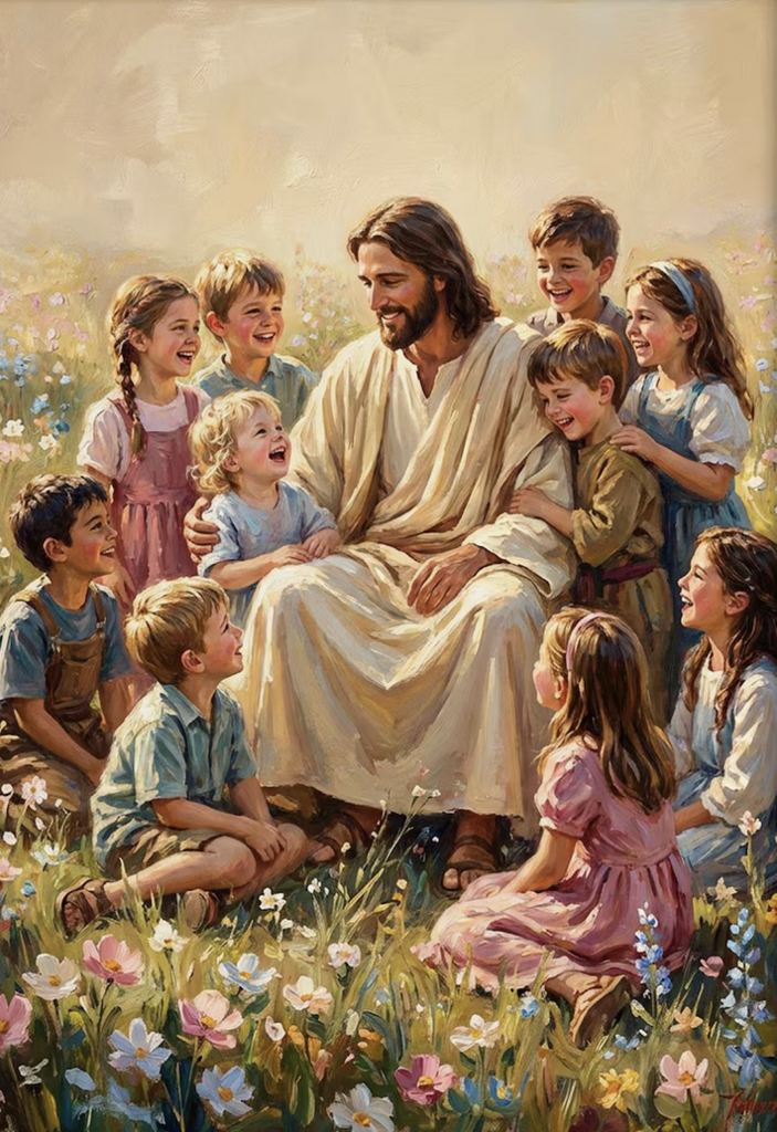 Jesus wth children in a field of flowers