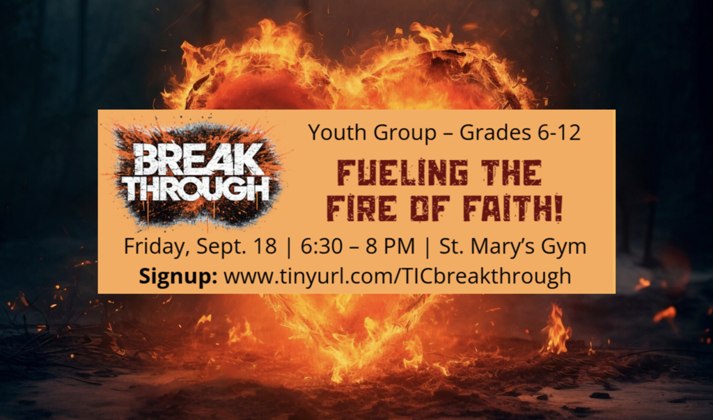 Heart on fire with information about youth group on top of it