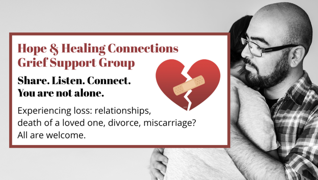 Man hugging woman, info on grief support group