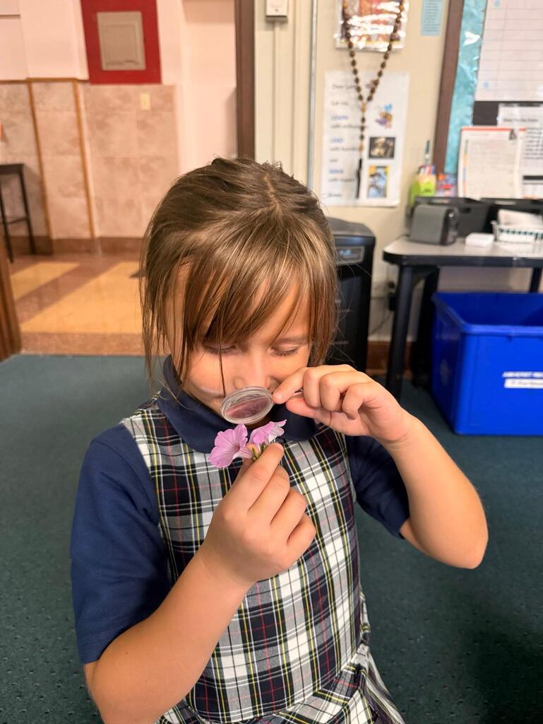 student in grade 2 observing with a magnifying glass in science