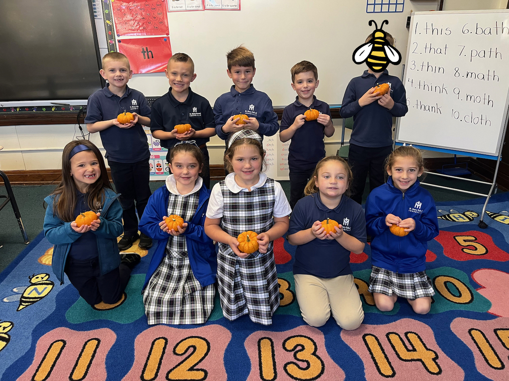 class posing with mini pumpkins