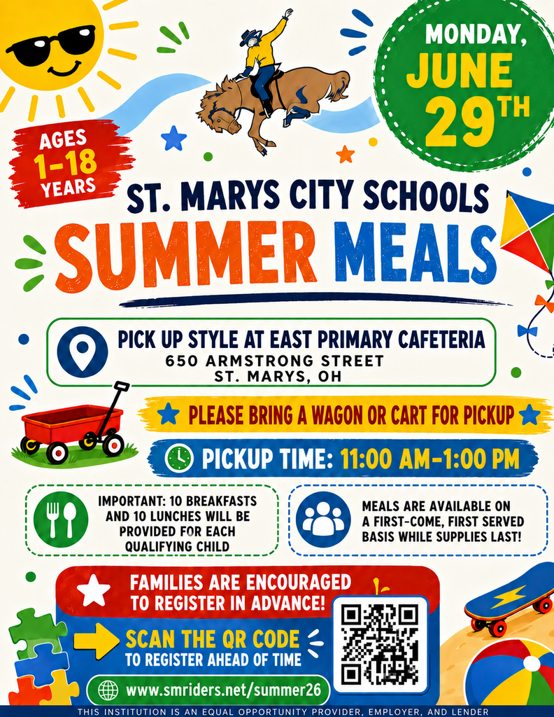 June 29th Summer Meal pickup for ages 1-18 (free) at East Primary school from 11am - 1pm.