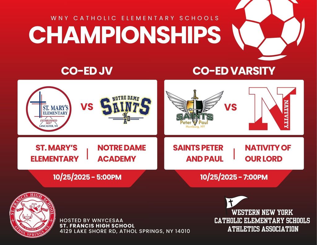 Congratulations to our co-ed JV Soccer team!  After winning both game last weekend, they will be playing Notre Dame for the championship on Saturday, October 25 @ St. Francis High School, beginning at 5:00.  Best of luck to our student athletes!!  pm.