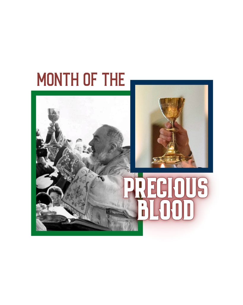 The image says "The month of the Precious Blood" and has images of chalices.
