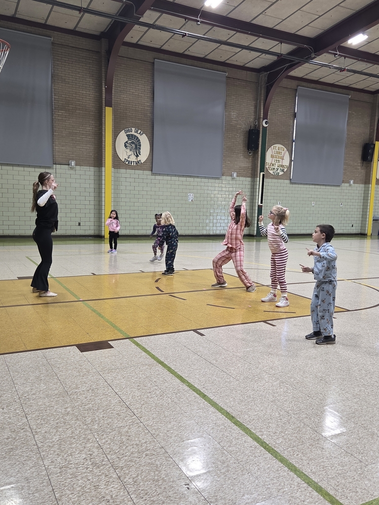 In the gynasium 6 students in a line dancing (copying the teachers) dance moves. The teacher stands in front of the students.