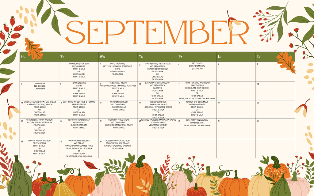 September 2026 Lunch Calendar