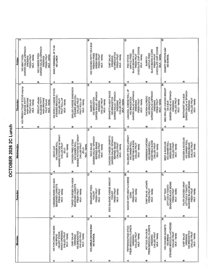 Printable October Lunch Menu